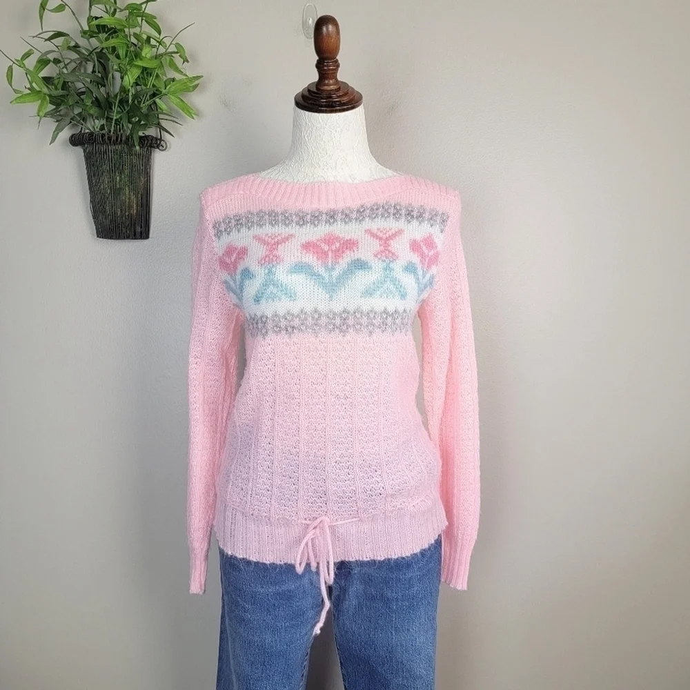Vintage 80s Veronica Mademoiselle Knitwear Floral Sweater Knit Boat Neck Pink S